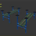 Two Outdoor Benches With Green Wooden Planks Blue Metal Frames And Black Support Blocks