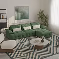 Stylish Green Sofa And Round Coffee Table With Vase Flowers Decorative Painting And Patterned Rug