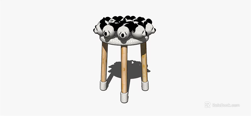 Black And White Plush Top Wooden Leg Stool For Home Decorative Use 3d model 