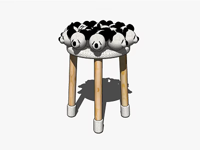 Black And White Plush Top Wooden Leg Stool For Home Decorative Use 3d model