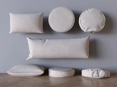 Light Beige Checkered Pattern Pillows in Various Shapes Against Gray Wall and Wooden Floor 3d model
