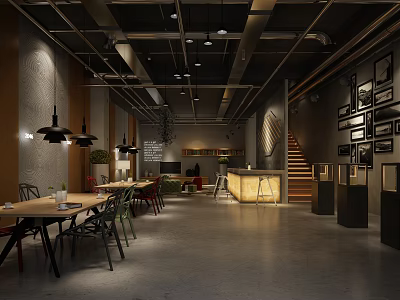 Modern Industrial Café Interior With Wooden Tables Bar Counter Staircase And Hanging Lamps 3d model