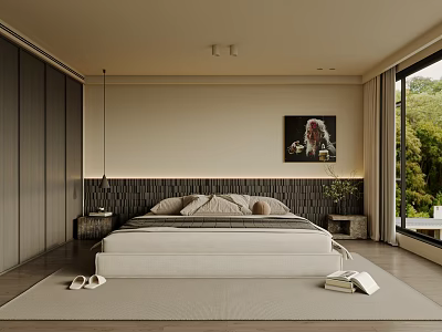 Modern Bedroom Interior Design With Natural Light Greenery View Textured Headboard And Light Linen 3d model
