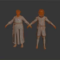 Two Standing Figures In Silver Historical Costumes With Ruffled Details And White Background