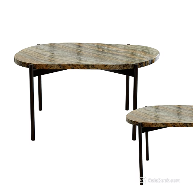Two Round Marble Top Side Tables With Black Metal Legs Modern Design 3d model 