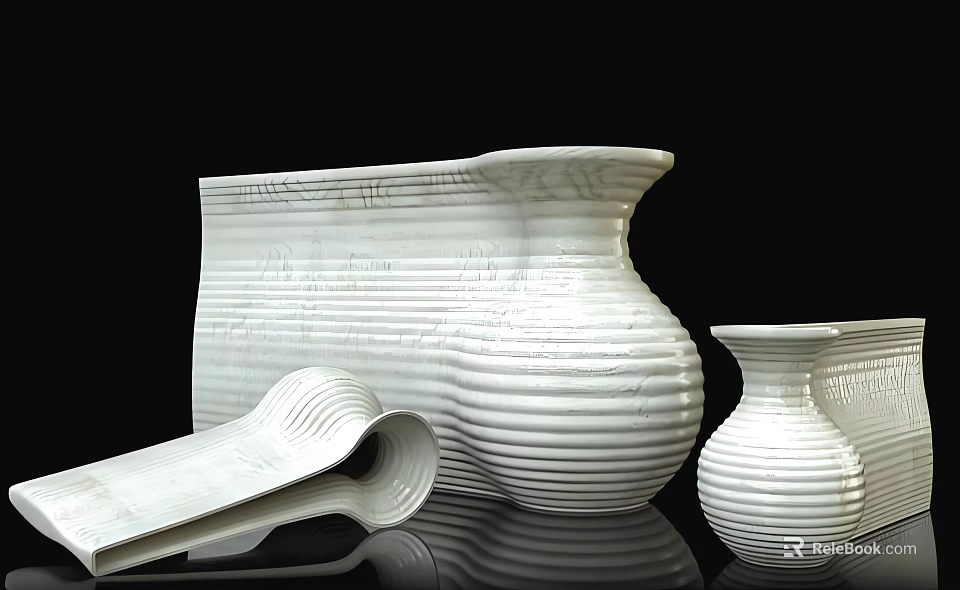 White Ceramic Vases with Striped Texture in Various Shapes on Black Surface 3d model