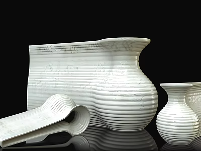 White Ceramic Vases with Striped Texture in Various Shapes on Black Surface 3d model