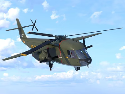 Military Green Helicopter Flying High in Blue Sky with White Clouds 3d model