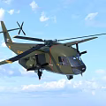 Military Green Helicopter Flying High in Blue Sky with White Clouds