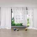 White Sheer Curtains For Living Room Window With Green Outdoor View And Wooden Floor