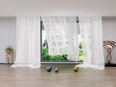 White Sheer Curtains For Living Room Window With Green Outdoor View And Wooden Floor 3d model