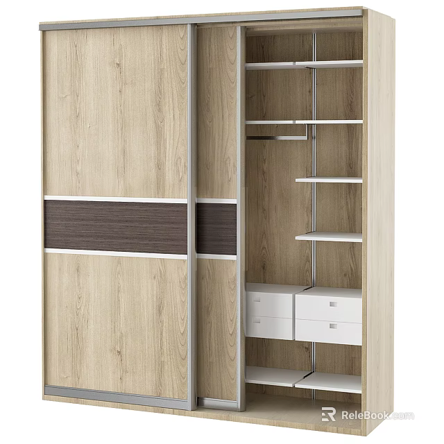 Modern Wooden Wardrobe With Sliding Doors Internal Shelves Drawers And Storage Design 3d model 