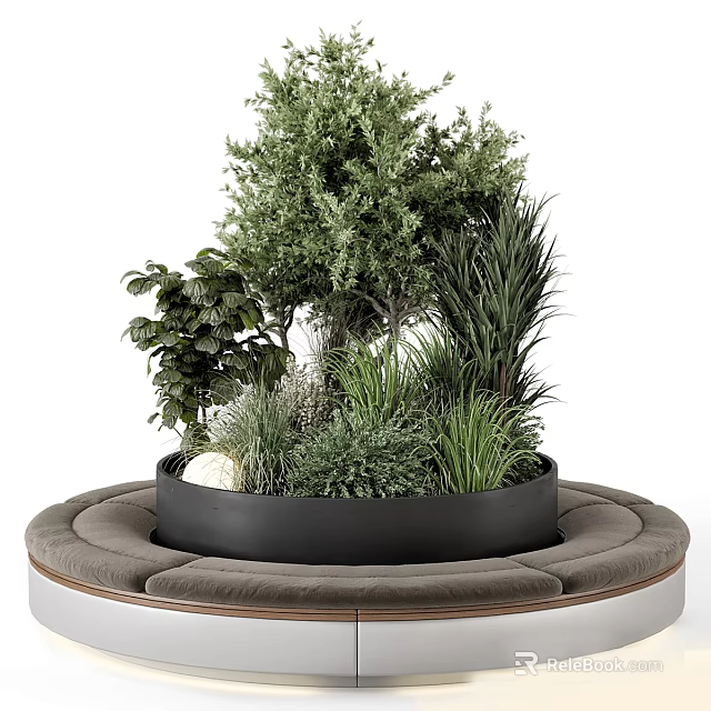 Circular Gray Cushioned Landscape Seating with Center Black Planter and Various Green Plants White Stone 3d model 