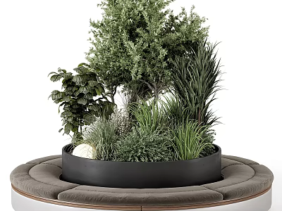 Circular Gray Cushioned Landscape Seating with Center Black Planter and Various Green Plants White Stone 3d model