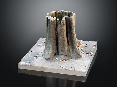 Wooden Stump Sculpture On Square Stone Base With Fallen Leaves Decoration 3d model