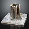 Wooden Stump Sculpture On Square Stone Base With Fallen Leaves Decoration