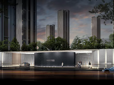 Modern Entrance Gate With High Rise Buildings Green Trees Pedestrians And Vehicles 3d model