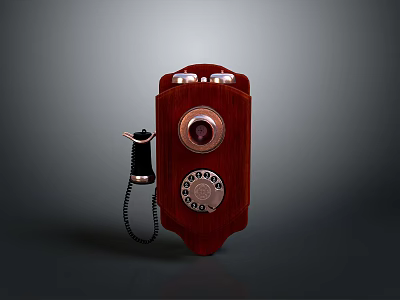 Classic Red Vintage Telephone With Wooden Case Rotary Dial Numbers And Telephone Cord 3d model