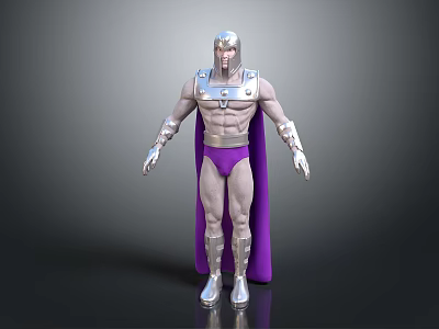 3D Rendered Armored Warrior Character With Silver Helmet Purple Cape And Muscular Build 3d model