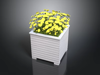 White Square Planter Box With Striped Design And Yellow Flowers 3d model