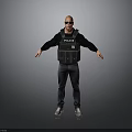 Man in POLICE vest with sunglasses black top and pants arms outstretched on gray background