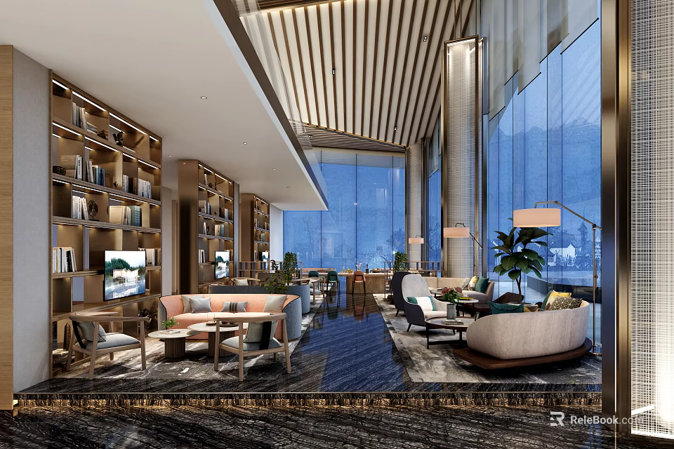 Luxury Modern Clubhouse Interior With Bookshelves Sofas And Floor To Ceiling Windows 3d model 
