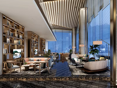Luxury Modern Clubhouse Interior With Bookshelves Sofas And Floor To Ceiling Windows 3d model