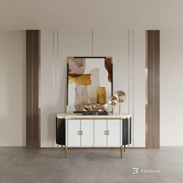 Modern Elegant Entryway Console Table With Abstract Painting And Gold Table Lamp 3d model 