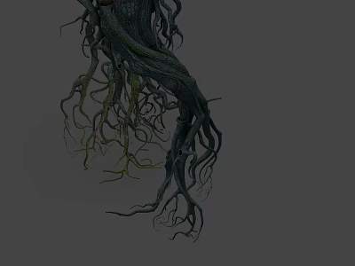 Twisted Black Tree Roots With Slender Tendrils On Gray Background 3d model