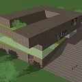 Modern Irregular Block Building With Brown Brick Texture Glass Windows Lawn Trees And People Activity