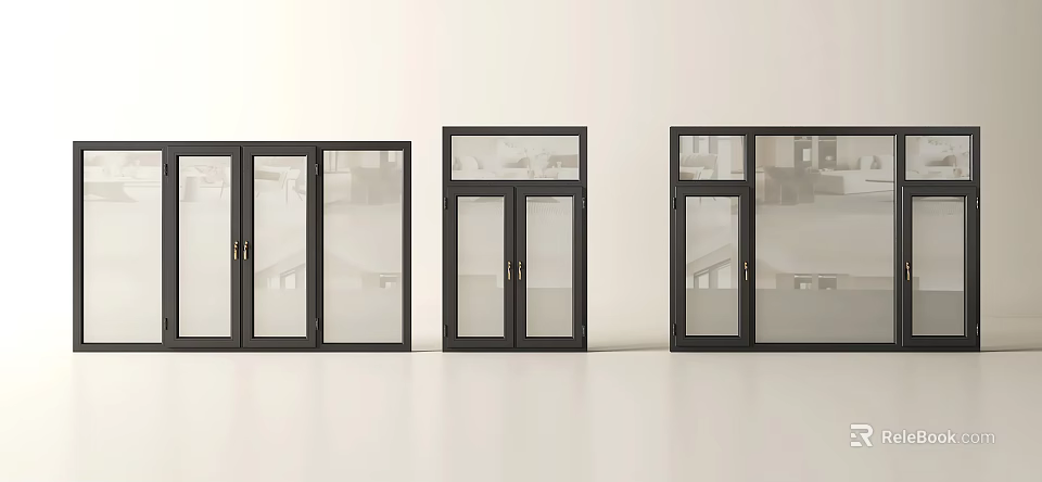 Modern Casement Windows With Black Frame And Clear Glass Panels Design 3d model