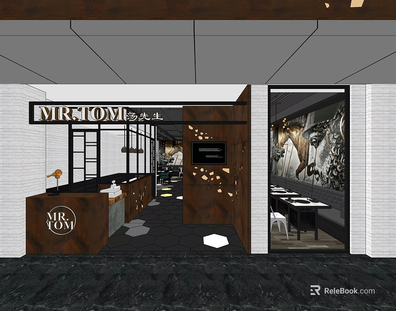 MR STONE Mall Store Modern Interior With Bar Counter Tables And Decorative Painting 3d model 
