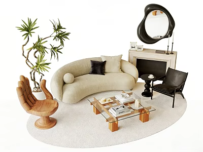 Beige Curved Sofa with Glass Coffee Table Set Cushions Wooden Chair Green Plant and Fireplace 3d model