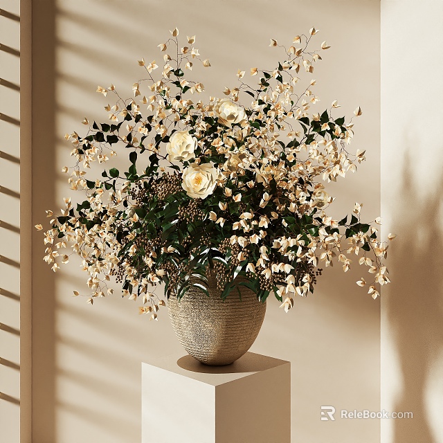 Elegant Textured Ceramic Vase With White Roses Small White Flowers Green Leaves And Sunlight Shadow 3d model 