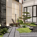 Karesansui Garden Design With Stone Wall Bamboo Screen Pine Tree And Mossy Path 3d model