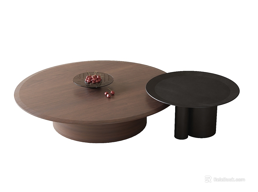 Round Walnut Wood Coffee Table And Black Side Table With Red Fruit Plate 3d model 
