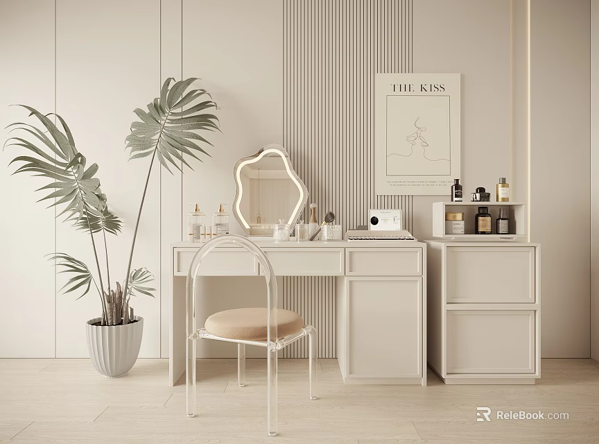 Modern White Vanity Table With Decorative Mirror Chair Palm Plant Skincare Products And Wall Art 3d model 