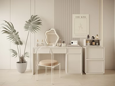 Modern White Vanity Table With Decorative Mirror Chair Palm Plant Skincare Products And Wall Art 3d model