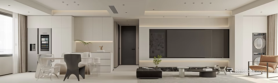 Modern Living and Dining Room Interior With Sofa Coffee Table And Decorative Wall Art 3d model