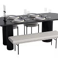 Modern Dining Table Set With Black Tabletop Cylindrical Legs White Bench And Dinnerware 3d model