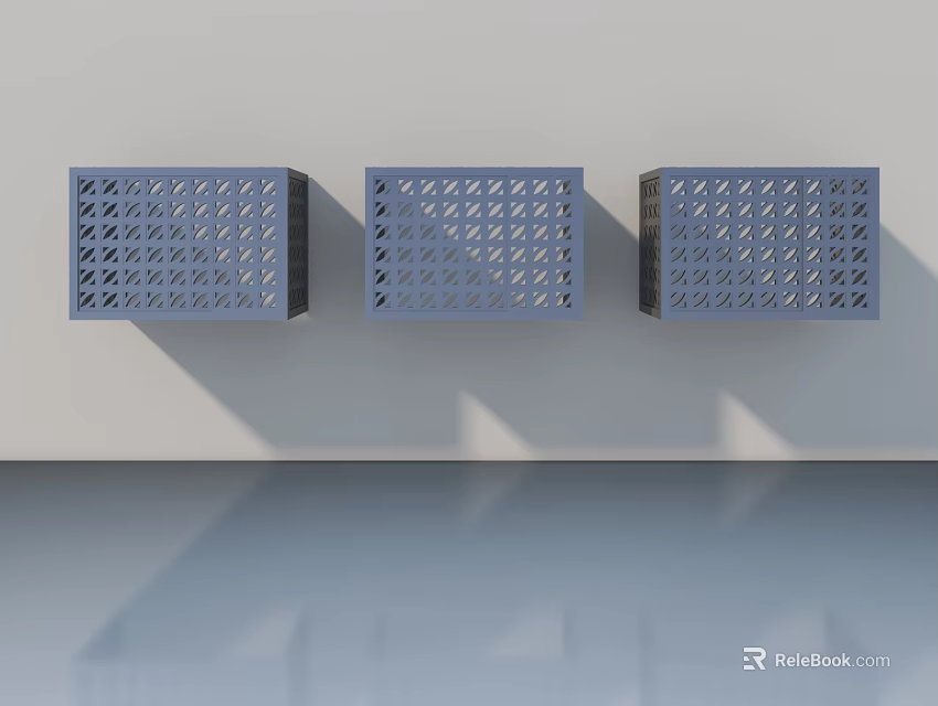 Three Blue Hinged Doors With Perforated Pattern Mounted On Light Colored Wall And Reflective Floor 3d model