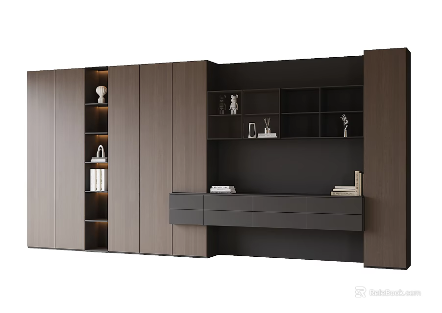 Modern Wooden Bookcase Design With Multiple Shelves Drawers And Decorative Items 3d model 