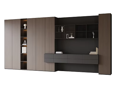 Modern Wooden Bookcase Design With Multiple Shelves Drawers And Decorative Items 3d model