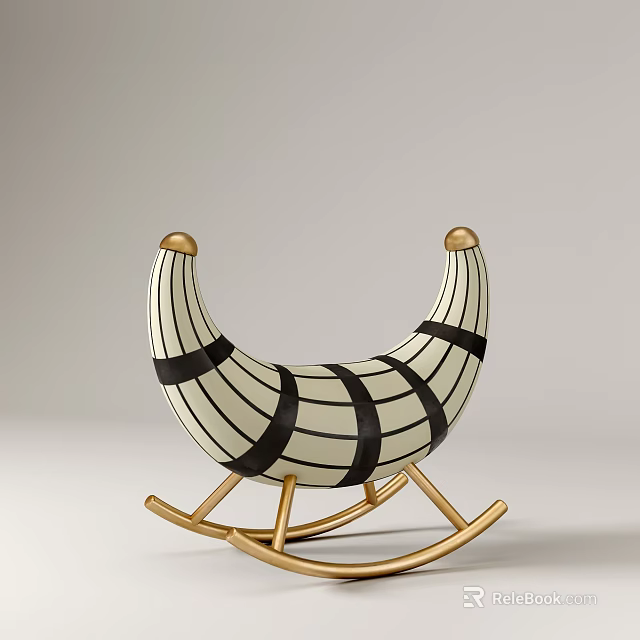 Banana Shaped Children's Rocking Chair With White And Black Striped Design And Golden Metal Base 3d model 