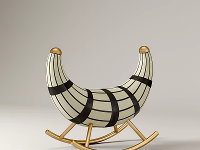 Banana Shaped Children's Rocking Chair With White And Black Striped Design And Golden Metal Base 3d model