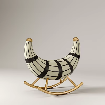 Banana Shaped Children's Rocking Chair With White And Black Striped Design And Golden Metal Base 3d model