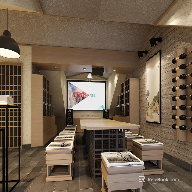 Elegant Club Interior Design With Projection Screen Long Table Wine Racks And Decorative Paintings 3d model 