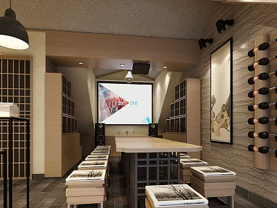 Elegant Club Interior Design With Projection Screen Long Table Wine Racks And Decorative Paintings 3d model