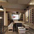 Elegant Club Interior Design With Projection Screen Long Table Wine Racks And Decorative Paintings