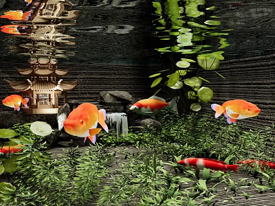 Vibrant Aquarium Fish Tank With Colorful Koi Fish Green Aquatic Plants And Decorations 3d model